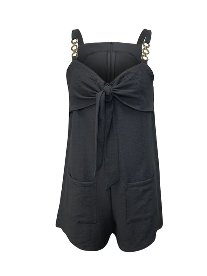 Knot Front Chain Strap Romper Jumpsuit with Dual Pockets