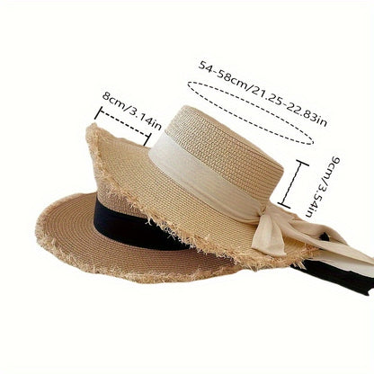 Summer Straw Hat, Flat Top with Bowknot Fringe, Wide Brim for Sun Protection