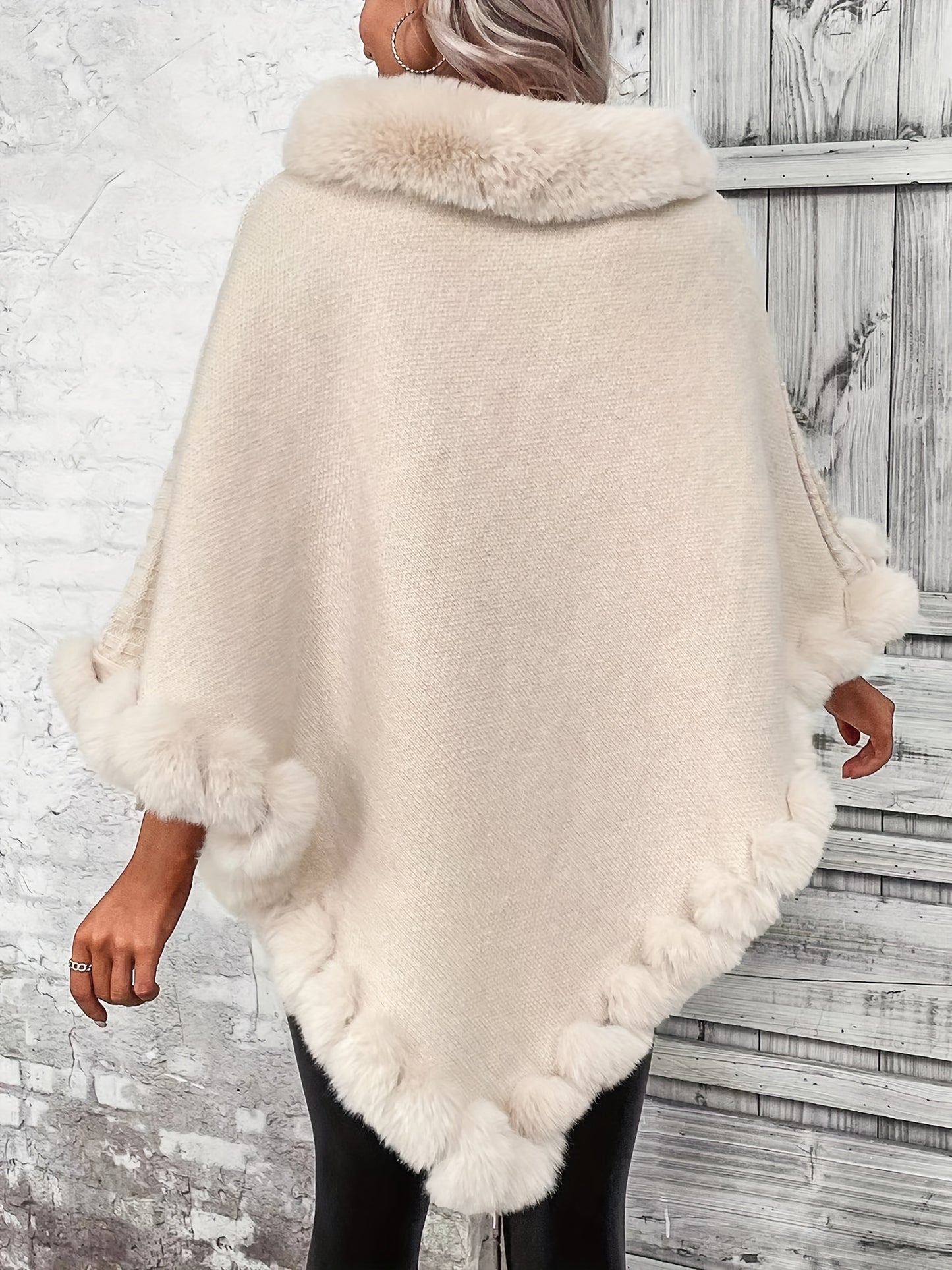 Elegant Waffle Knit Poncho with Fuzzy Trim – Thermal Hanky Hem Cape for Fall & Winter