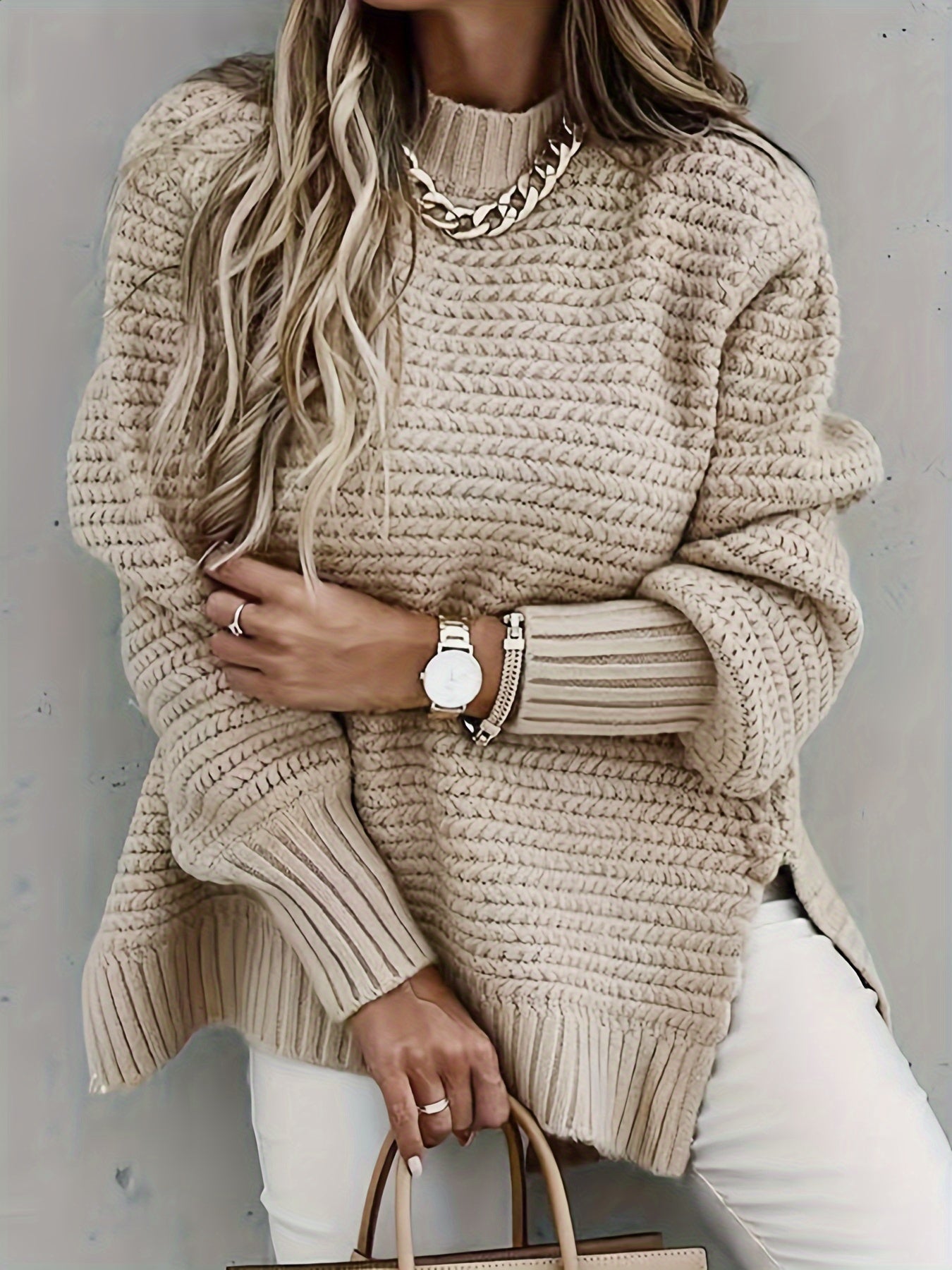 Cozy Solid Knitted Sweater with Side Split Detail