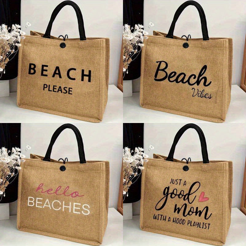 Large Capacity Burlap Tote Bag with Beach Elements Letter Print