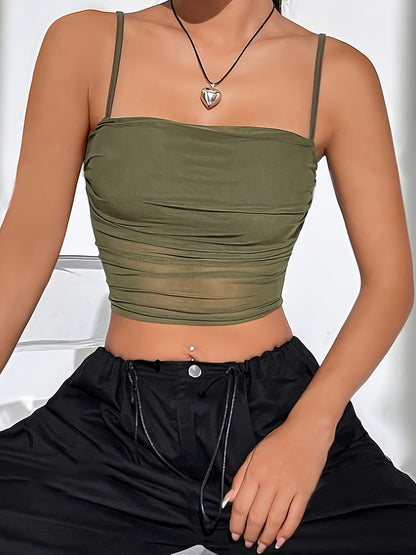 Solid Color Mesh Crop Cami Top - Versatile Sleeveless Slim Fit Crop Top