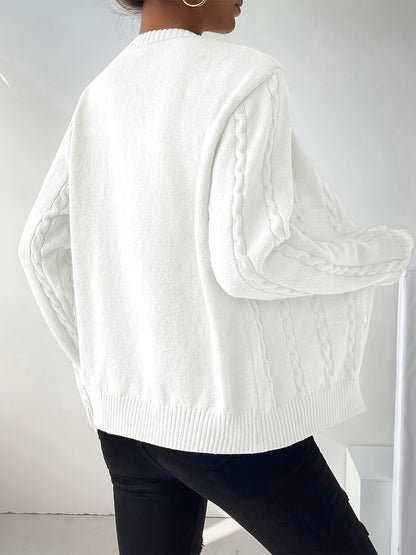 Button Front Cable Knit Cardigan - Casual Long Sleeve Sweater