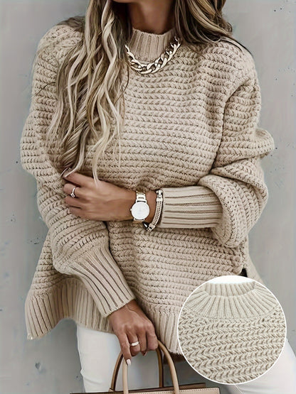 Cozy Solid Knitted Sweater with Side Split Detail