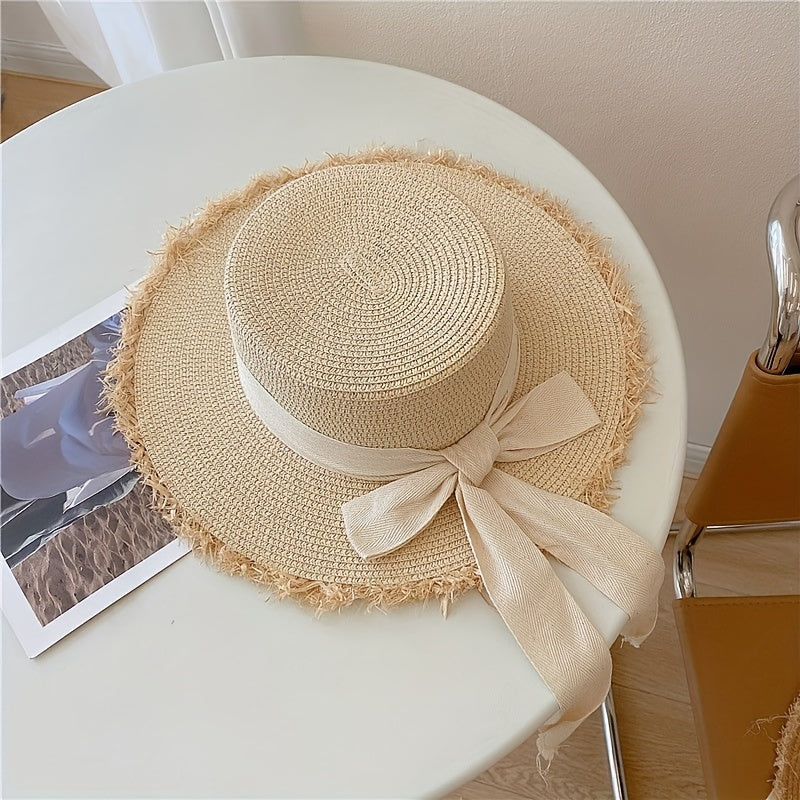 Summer Straw Hat, Flat Top with Bowknot Fringe, Wide Brim for Sun Protection