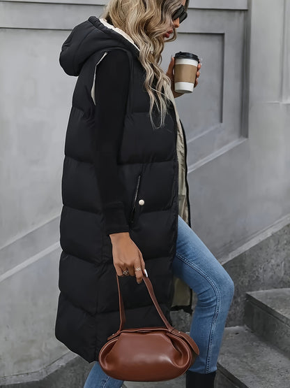 Zip-up Hoodie Puffy Vest - Casual Sleeveless Slant Pockets Vest - Warm Midi Vest For Fall & Winter