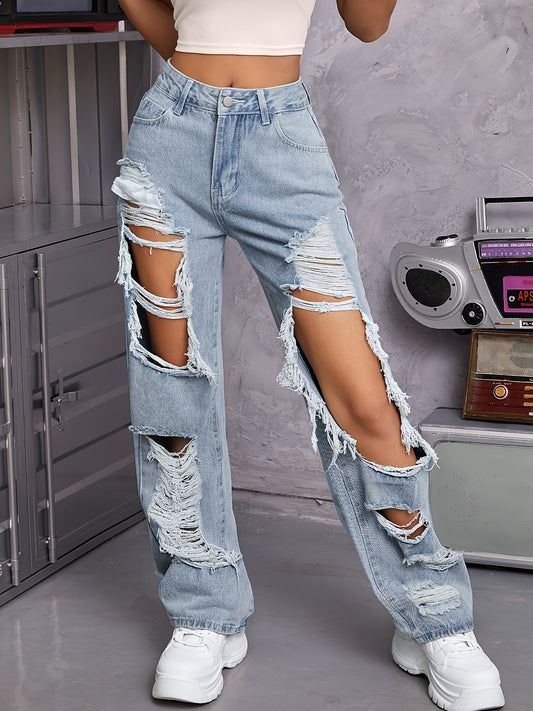 High Waist Distressed Ripped Jeans - Casual Loose Fit with Pockets