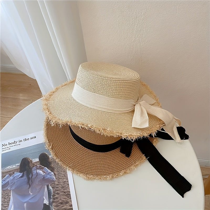 Summer Straw Hat, Flat Top with Bowknot Fringe, Wide Brim for Sun Protection