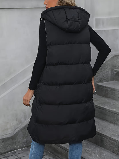 Zip-up Hoodie Puffy Vest - Casual Sleeveless Slant Pockets Vest - Warm Midi Vest For Fall & Winter