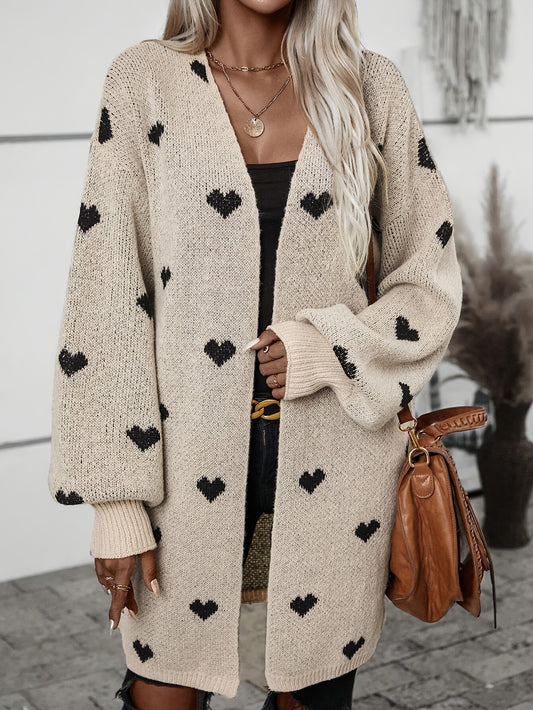 Heart Pattern Open Front Knitted Cardigan - Casual Long Sleeve Drop Shoulder Cardigan for Winter & Fall