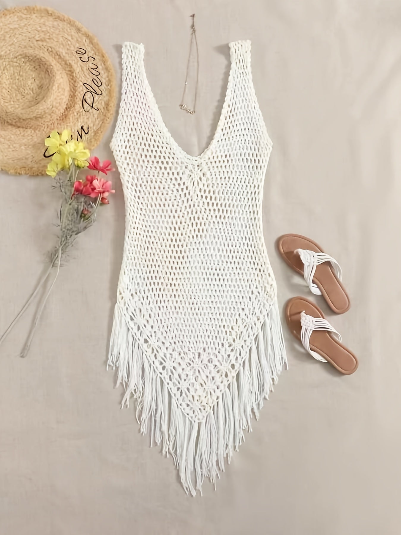 Solid Tassel Sleeveless Crochet Dress - Boho Beach Hollow Bodycon Cover Up