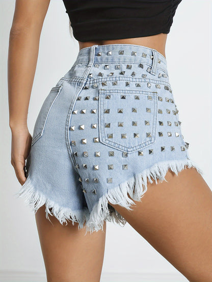 Studded Denim Shorts - Street Style Music Festival, Party Clubwear, Frayed Hem, Rivet Detailing