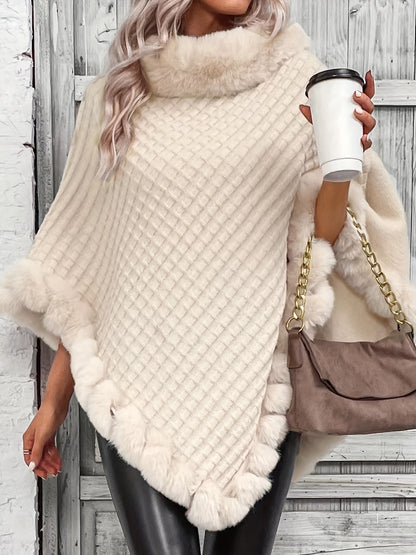 Elegant Waffle Knit Poncho with Fuzzy Trim – Thermal Hanky Hem Cape for Fall & Winter