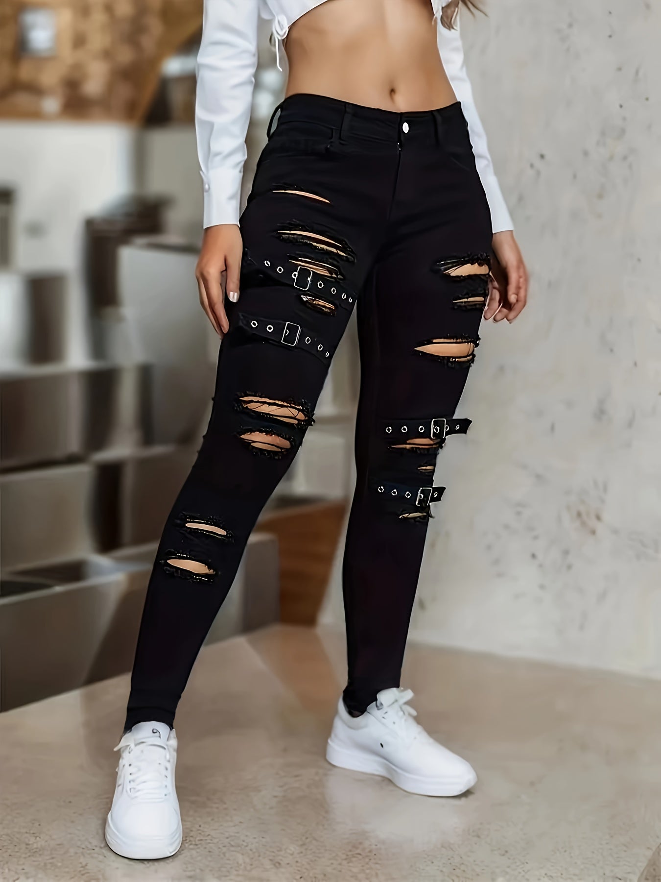 Stretchy Skinny Jeans with Ripped Holes