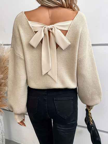 Elegant V-Neck Drop Shoulder Sweater – Long Sleeve Knit for Fall & Winter