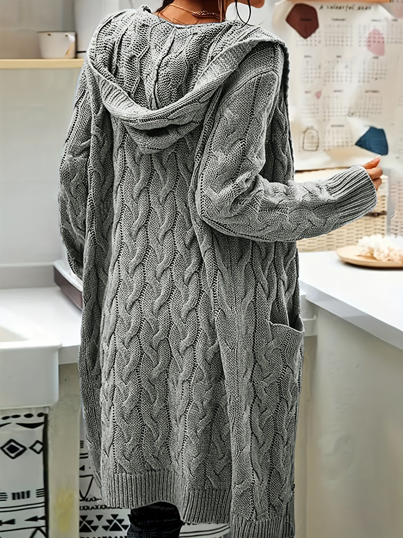 Cable Knit Hooded Cardigan - Casual Long Sleeve Pocket Design