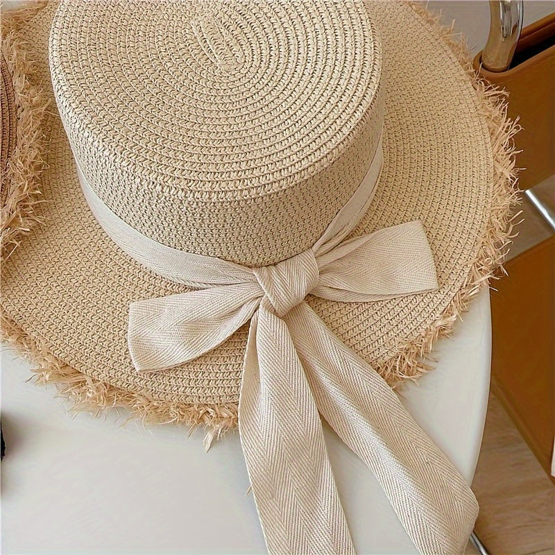 Summer Straw Hat, Flat Top with Bowknot Fringe, Wide Brim for Sun Protection