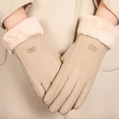 Warm Beige Touchscreen Gloves – Plush-Lined Cozy Winter Gloves with Full Finger Coverage