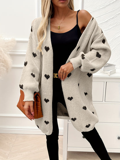 Heart Pattern Open Front Knitted Cardigan - Casual Long Sleeve Drop Shoulder Cardigan for Winter & Fall