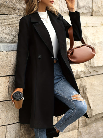 Elegant Double-Breasted A-Line Lapel Coat – Long Sleeve Longline Coat for Fall & Winter