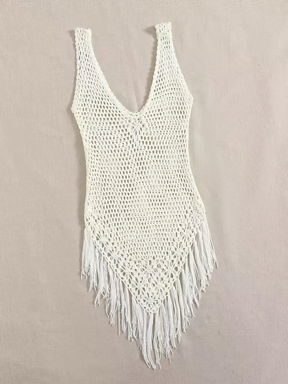 Solid Tassel Sleeveless Crochet Dress - Boho Beach Hollow Bodycon Cover Up