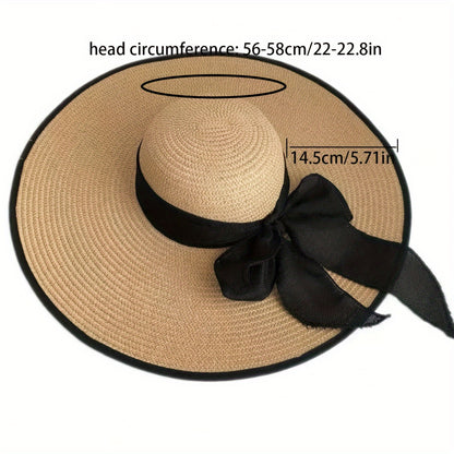 Stylish Straw Sun Hat with Bowknot, Wide Brim for Casual Sun Protection and Breathable Beach Wear