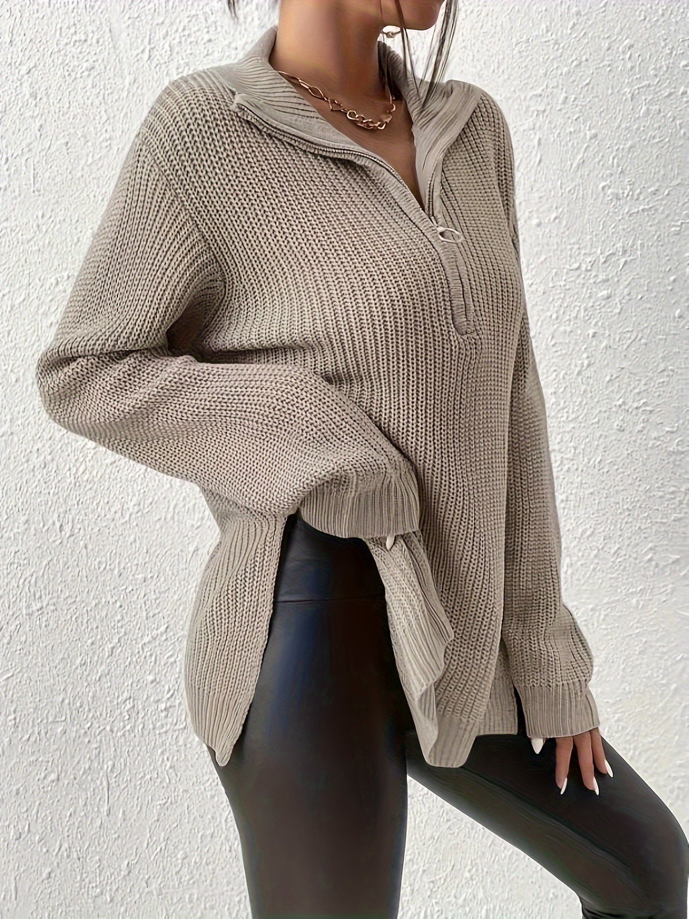 Zipper Front Split Hem Sweater - Casual Long Sleeve Pullover for Fall & Winter