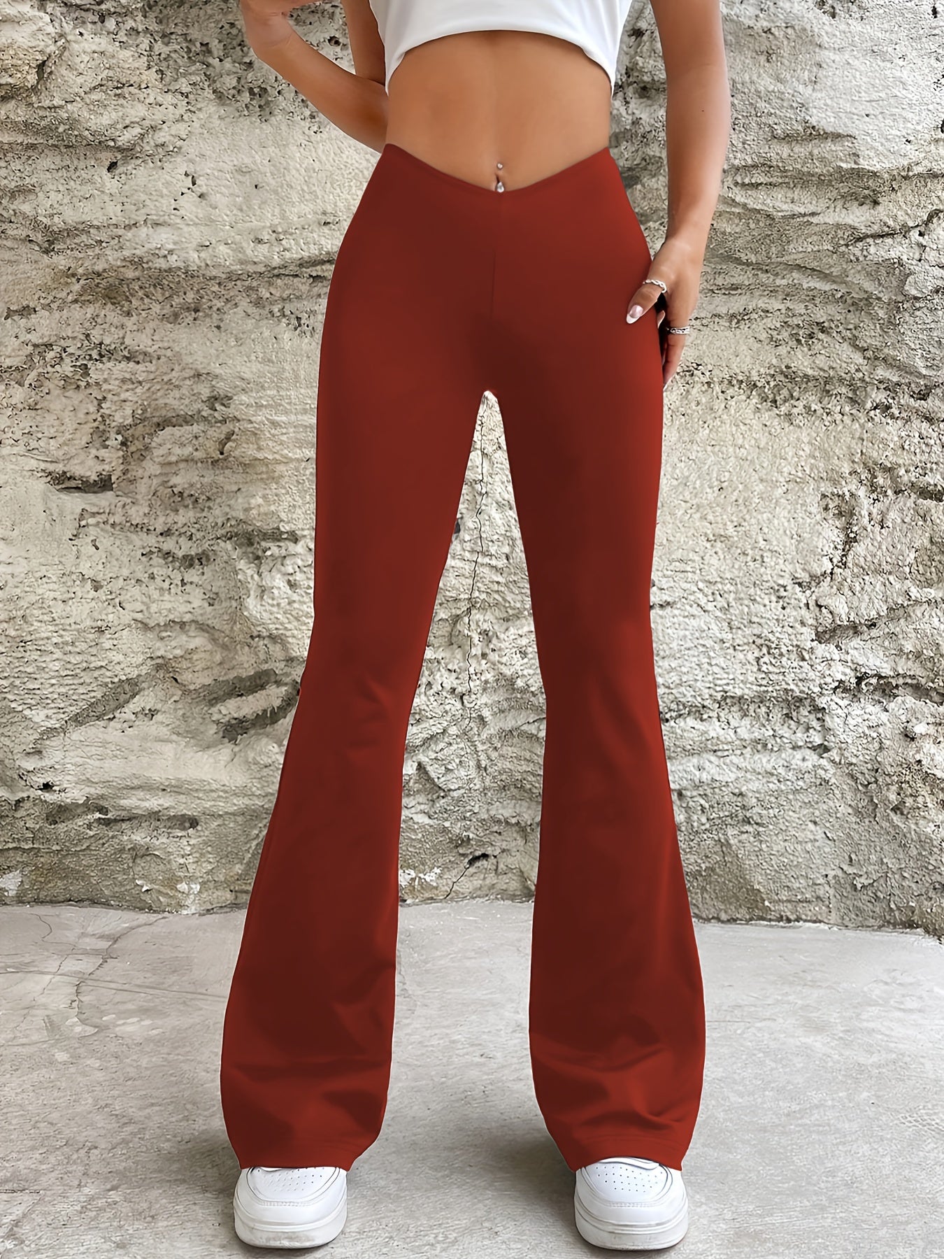 Casual Solid Color Flare Leg Pants with Elastic Waist - Loose Fit