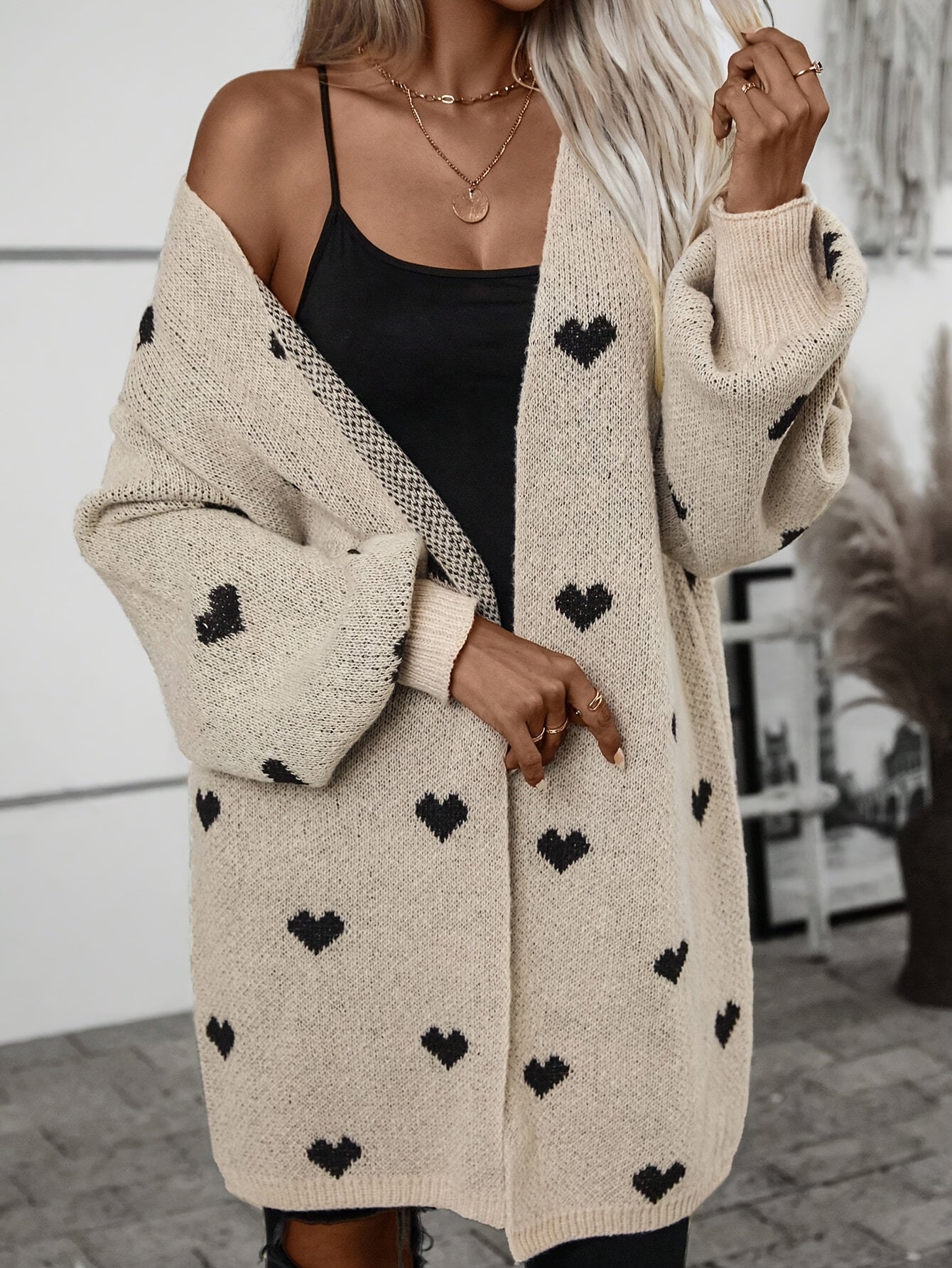 Heart Pattern Open Front Knitted Cardigan - Casual Long Sleeve Drop Shoulder Cardigan for Winter & Fall