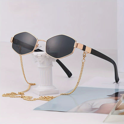 Retro Fashion Polygon Sunglasses with Anti-Glare Coating and Chain