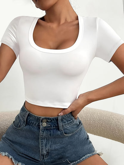 Skinny Scoop Neck Crop T-Shirt - Sexy Short Sleeve Crop Top