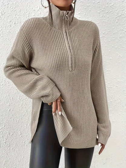 Zipper Front Split Hem Sweater - Casual Long Sleeve Pullover for Fall & Winter