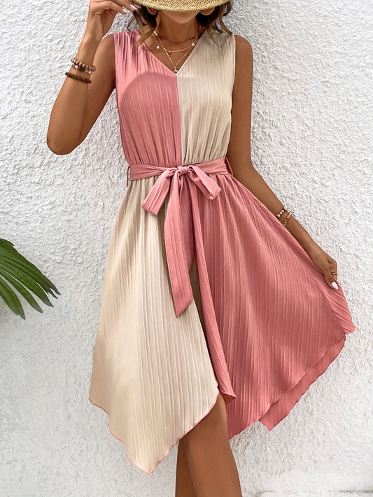 Color Block V Neck Belted Dress - Elegant Sleeveless Asymmetrical Dress