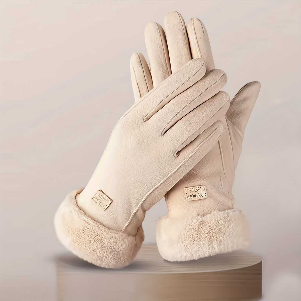 Warm Beige Touchscreen Gloves – Plush-Lined Cozy Winter Gloves with Full Finger Coverage