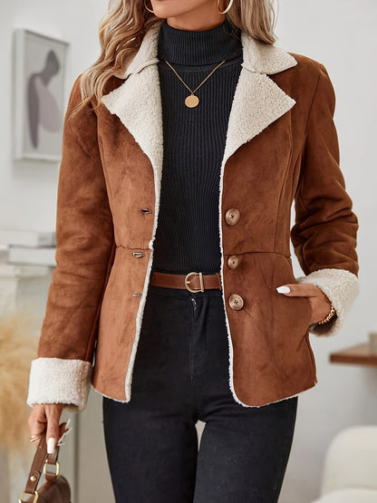 Button Front Faux Fur Thermal Jacket - Casual Long Sleeve Lapel Collar Outerwear for Fall & Winter