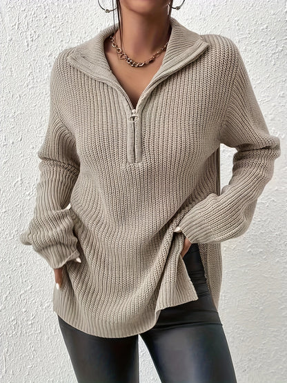 Zipper Front Split Hem Sweater - Casual Long Sleeve Pullover for Fall & Winter