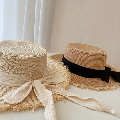 Summer Straw Hat, Flat Top with Bowknot Fringe, Wide Brim for Sun Protection