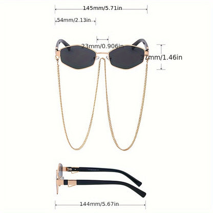 Retro Fashion Polygon Sunglasses with Anti-Glare Coating and Chain