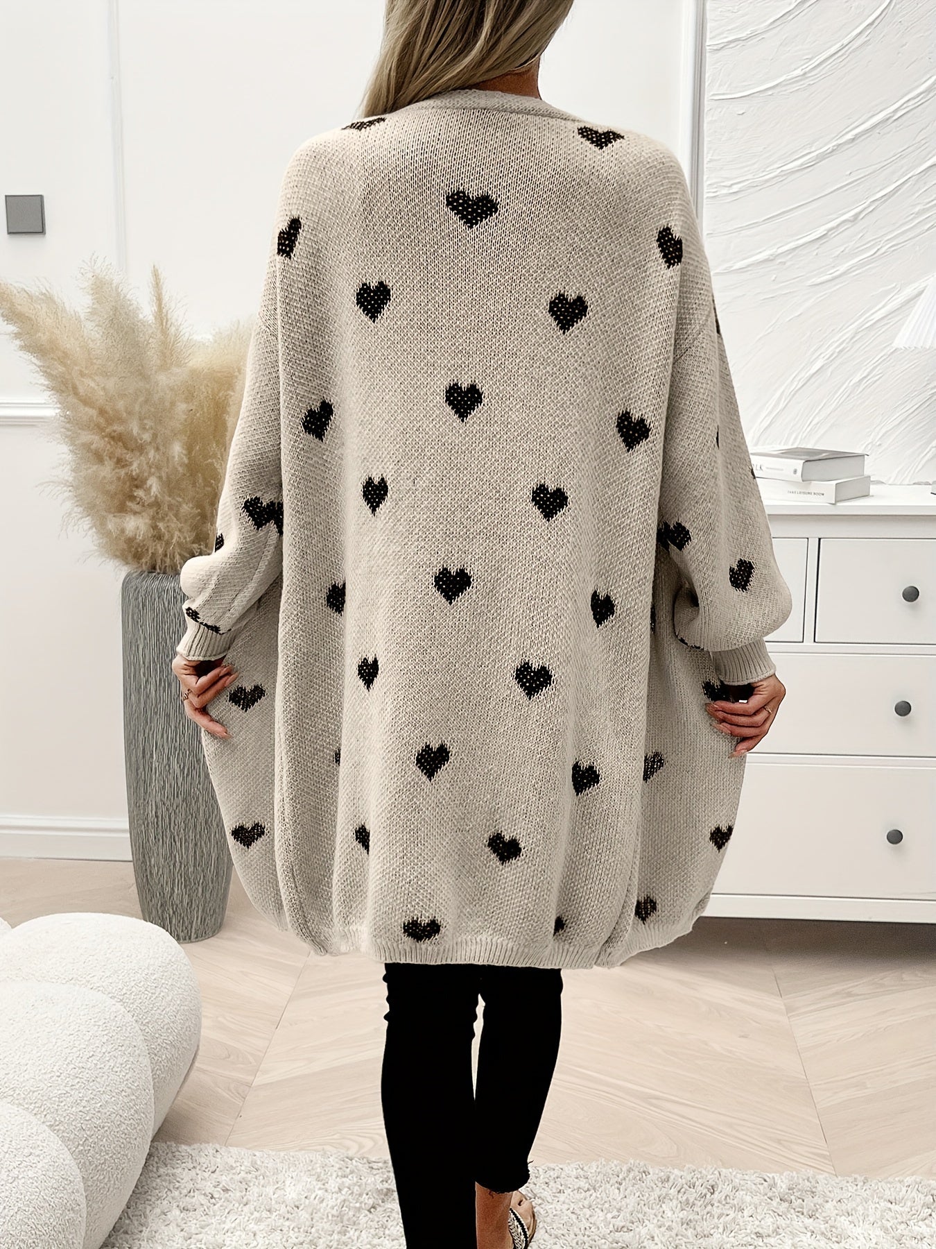 Heart Pattern Open Front Knitted Cardigan - Casual Long Sleeve Drop Shoulder Cardigan for Winter & Fall