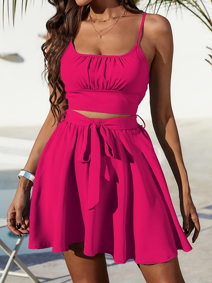 Elegant Ruched Belted Crop Two-piece Skirt Set – Sleeveless Cami Top & Loose Skirt