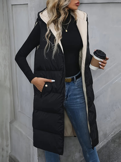 Zip-up Hoodie Puffy Vest - Casual Sleeveless Slant Pockets Vest - Warm Midi Vest For Fall & Winter