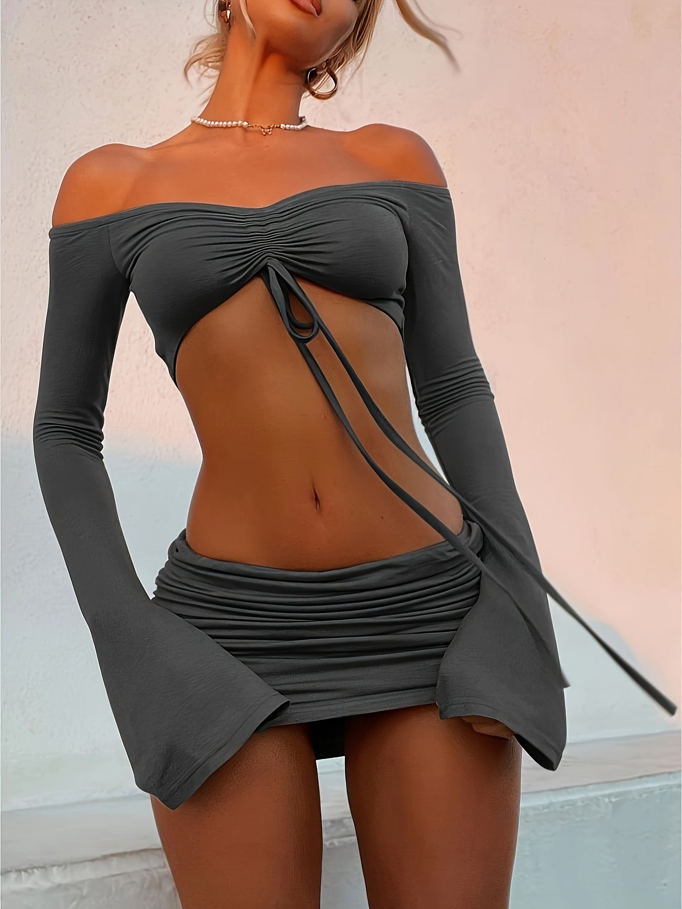 Seductive Solid Color Set - Off-shoulder Crop Top with Drawstring and Bodycon Mini Skirt Outfit