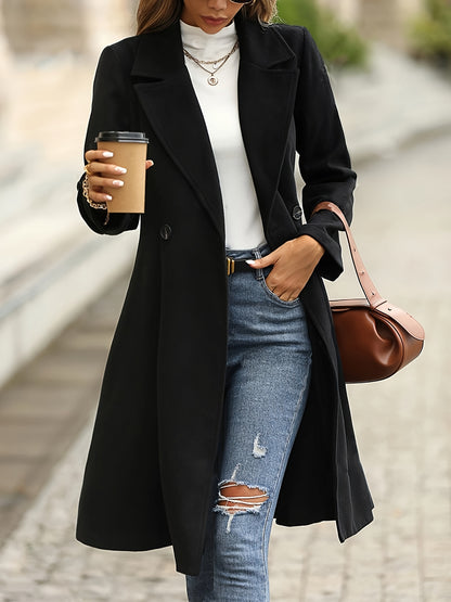 Elegant Double-Breasted A-Line Lapel Coat – Long Sleeve Longline Coat for Fall & Winter