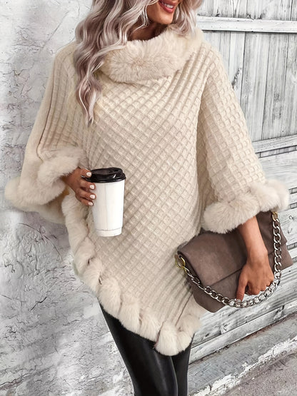 Elegant Waffle Knit Poncho with Fuzzy Trim – Thermal Hanky Hem Cape for Fall & Winter