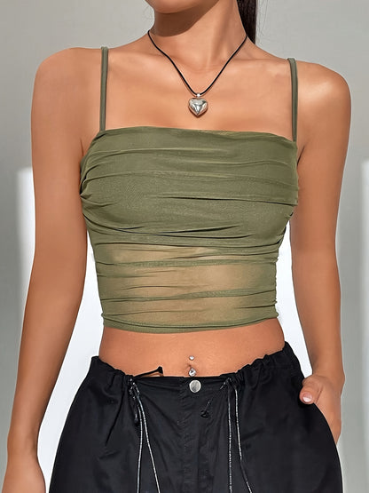 Solid Color Mesh Crop Cami Top - Versatile Sleeveless Slim Fit Crop Top