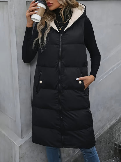 Zip-up Hoodie Puffy Vest - Casual Sleeveless Slant Pockets Vest - Warm Midi Vest For Fall & Winter