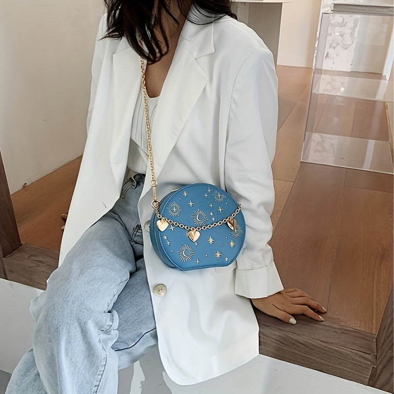 Mini Heart Décor Crossbody Bag with Embroidered Star Moon Pattern