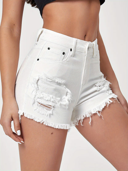 Ripped Raw Hem Denim Shorts - Distressed White Denim Shorts