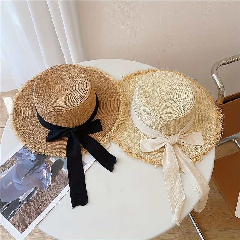 Summer Straw Hat, Flat Top with Bowknot Fringe, Wide Brim for Sun Protection