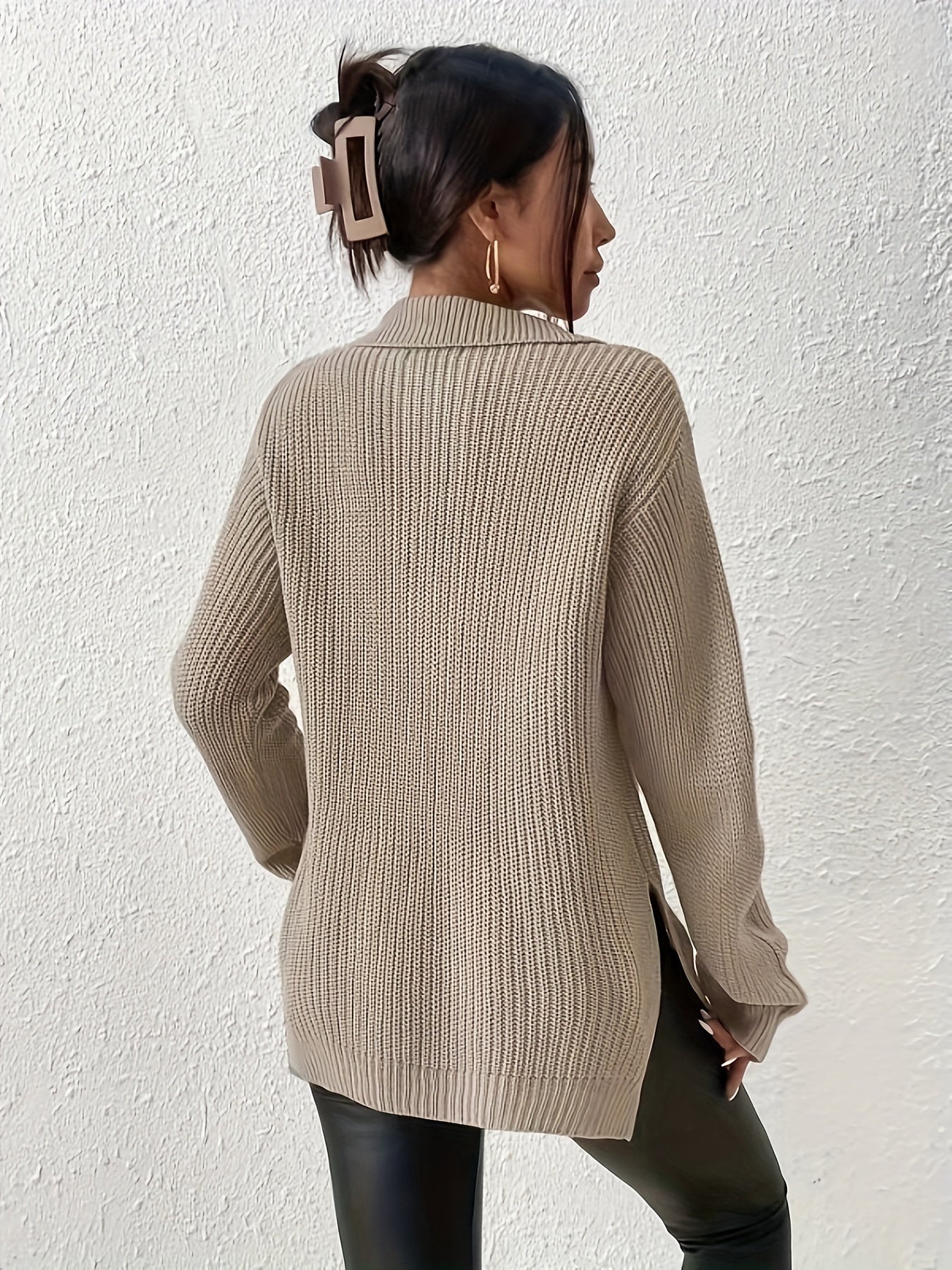 Zipper Front Split Hem Sweater - Casual Long Sleeve Pullover for Fall & Winter